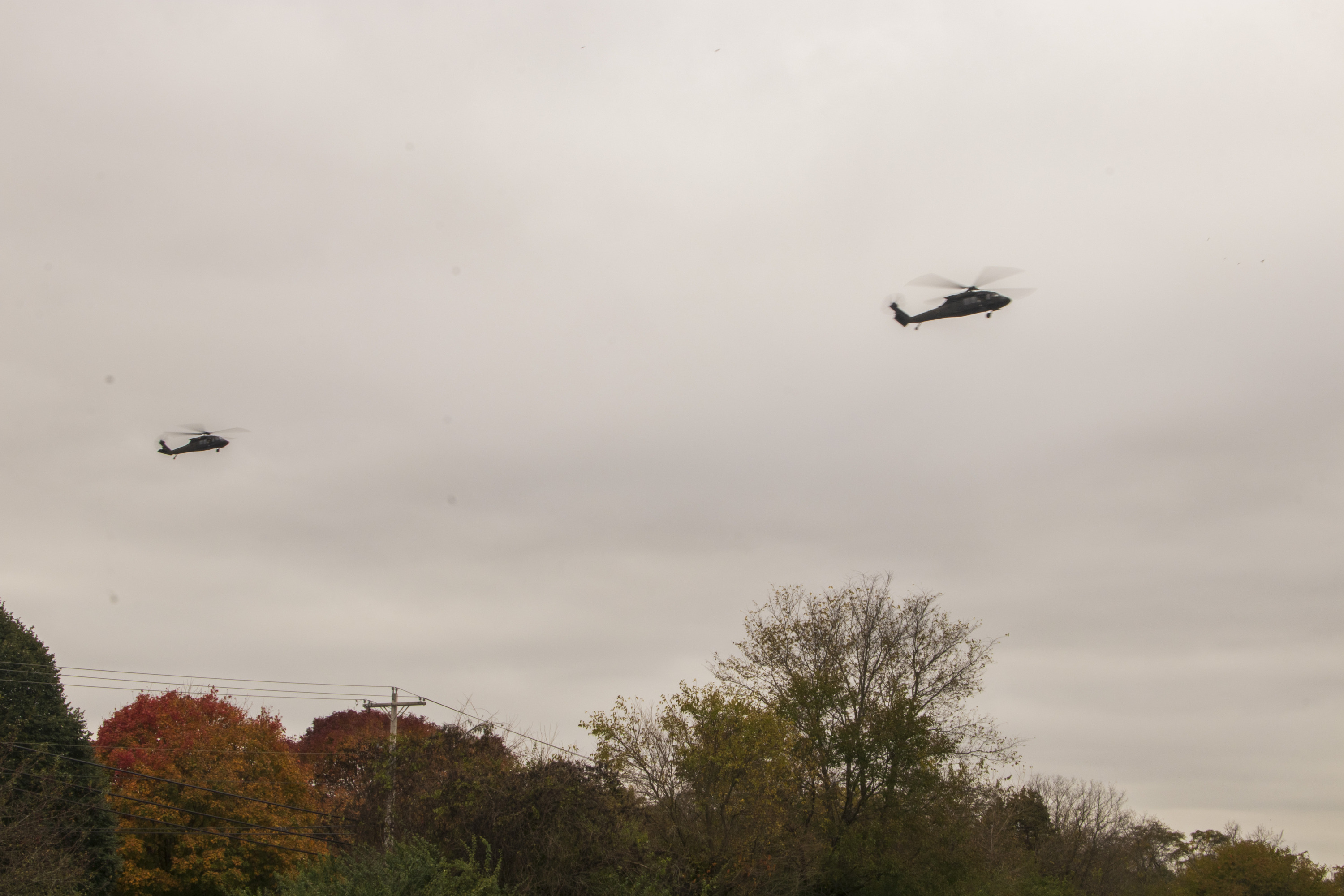 Two dark-colored helicopters in flight above multi-colored trees.