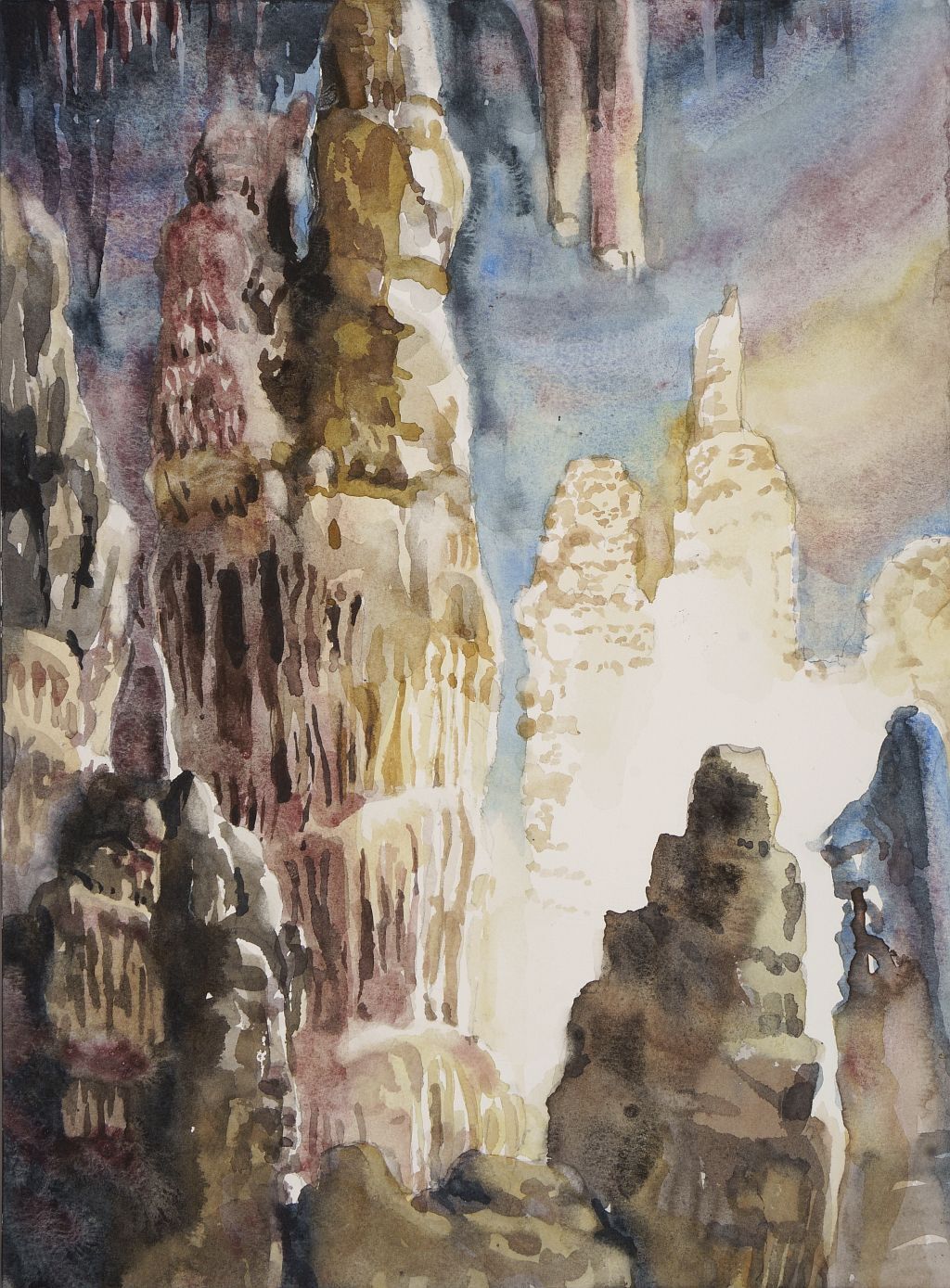 A watercolor painting of a viewer's perspective of a section of Lehman Caves. Many cave formations dominate the image, particularly a golden colored column rising from the bottom to the top of the image. Scattered around are various other formations, tan & gold, some rising from the floor, almost cake shaped with their various tiers. Others hang more like spikes from the top of the image, what they're attached to not immediately viewable. Between some formations is a bright white light, contrasting hard with the otherwise muted tans and pinks, and apparently the cause of the gold tint on some formations. Its source is hidden by a formation, but the wall and formations behind are basked in gold and white.