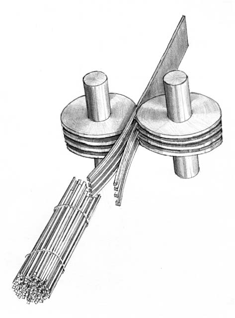 Cutting iron bars: diagram depicts the cutting disks of the slitting machinery which cuts "flats" into "nail rod".