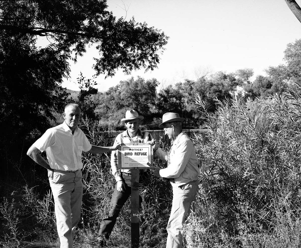Springdale Mayor Austin Excell, Lions Club President Earl Mansor, and Lions Club member Dewey Excell posting Bird Refuge sign at the Springdale ponds (private property).