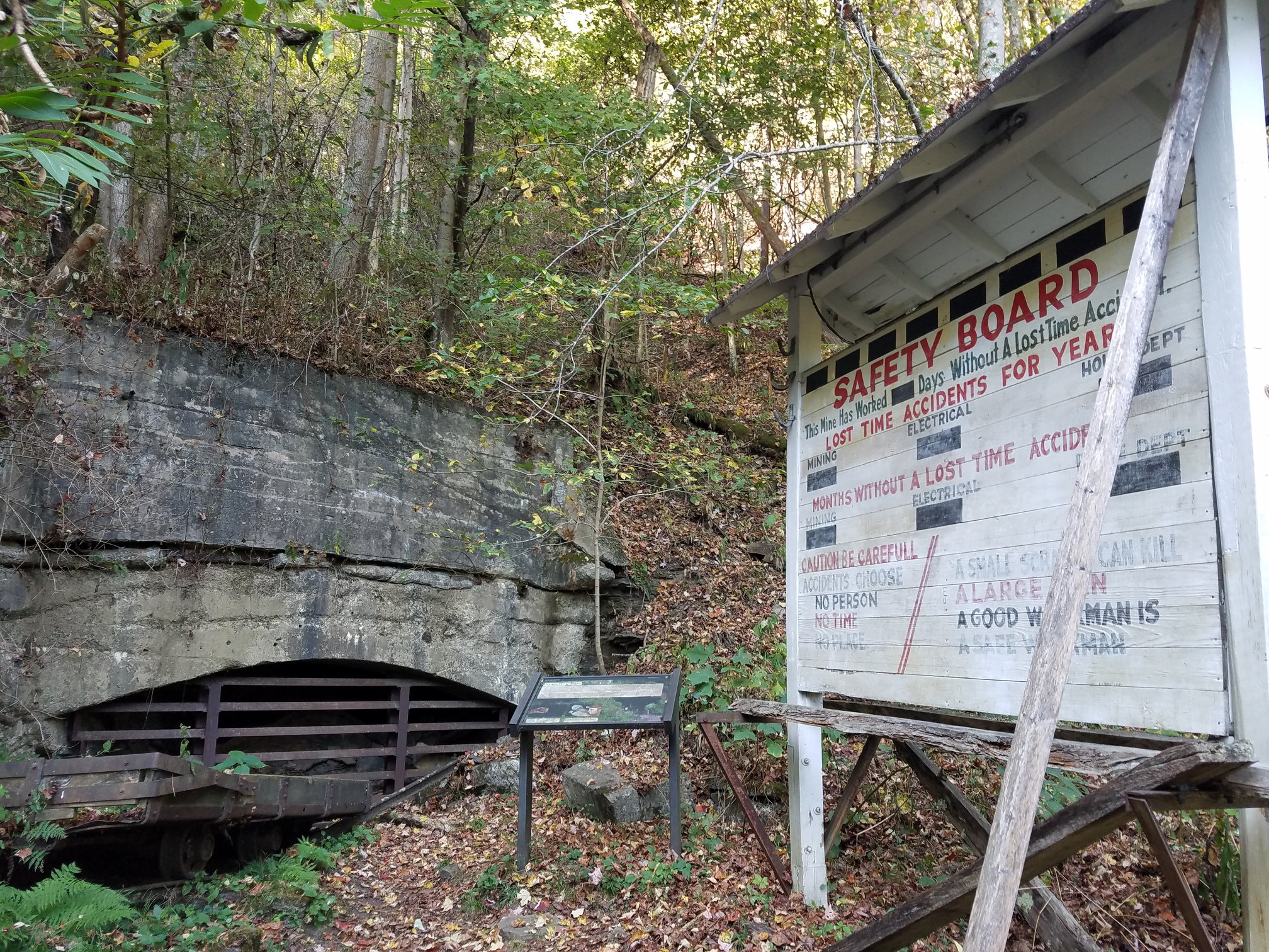 safety board and mine car sit in front of gated mine portal