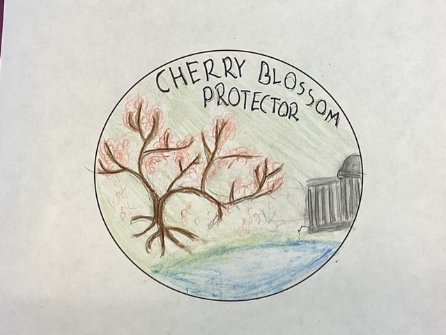Drawing of a cherry blossom tree inside a circle with a green background and the Jefferson Memorial to the right. Handwritten text reads Cherry Blossom Protector