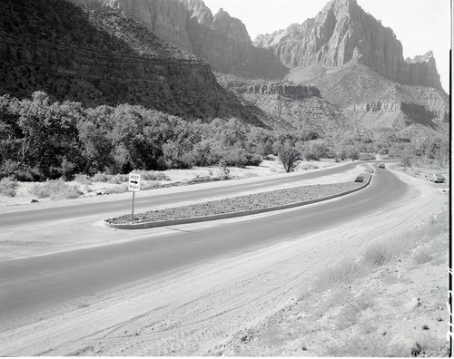 Traffic separator for the realignment of Highway 1 (park highway, State Route 9), at Mission 66 Visitor Center and Museum.