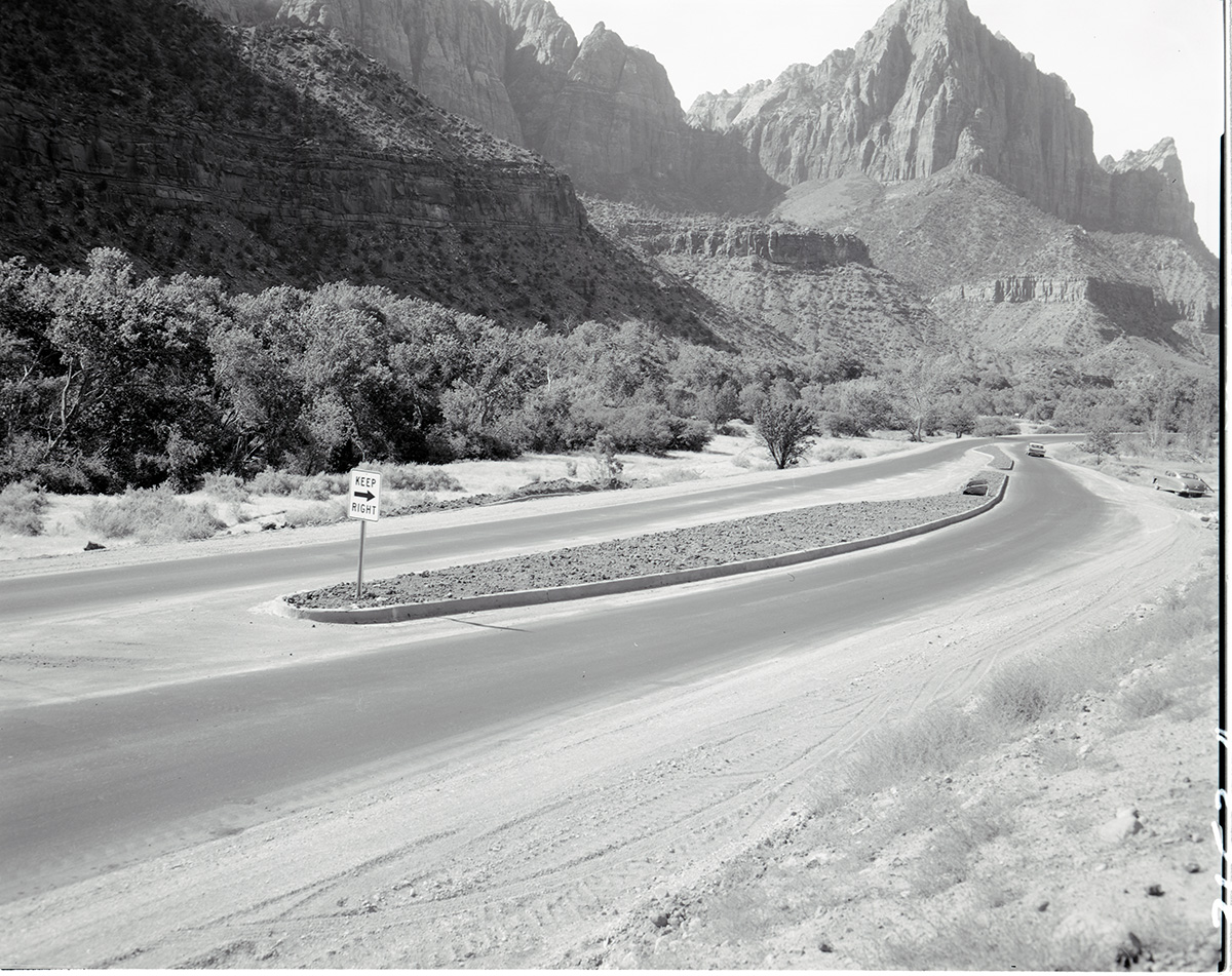 Traffic separator for the realignment of Highway 1 (park highway, State Route 9), at Mission 66 Visitor Center and Museum.