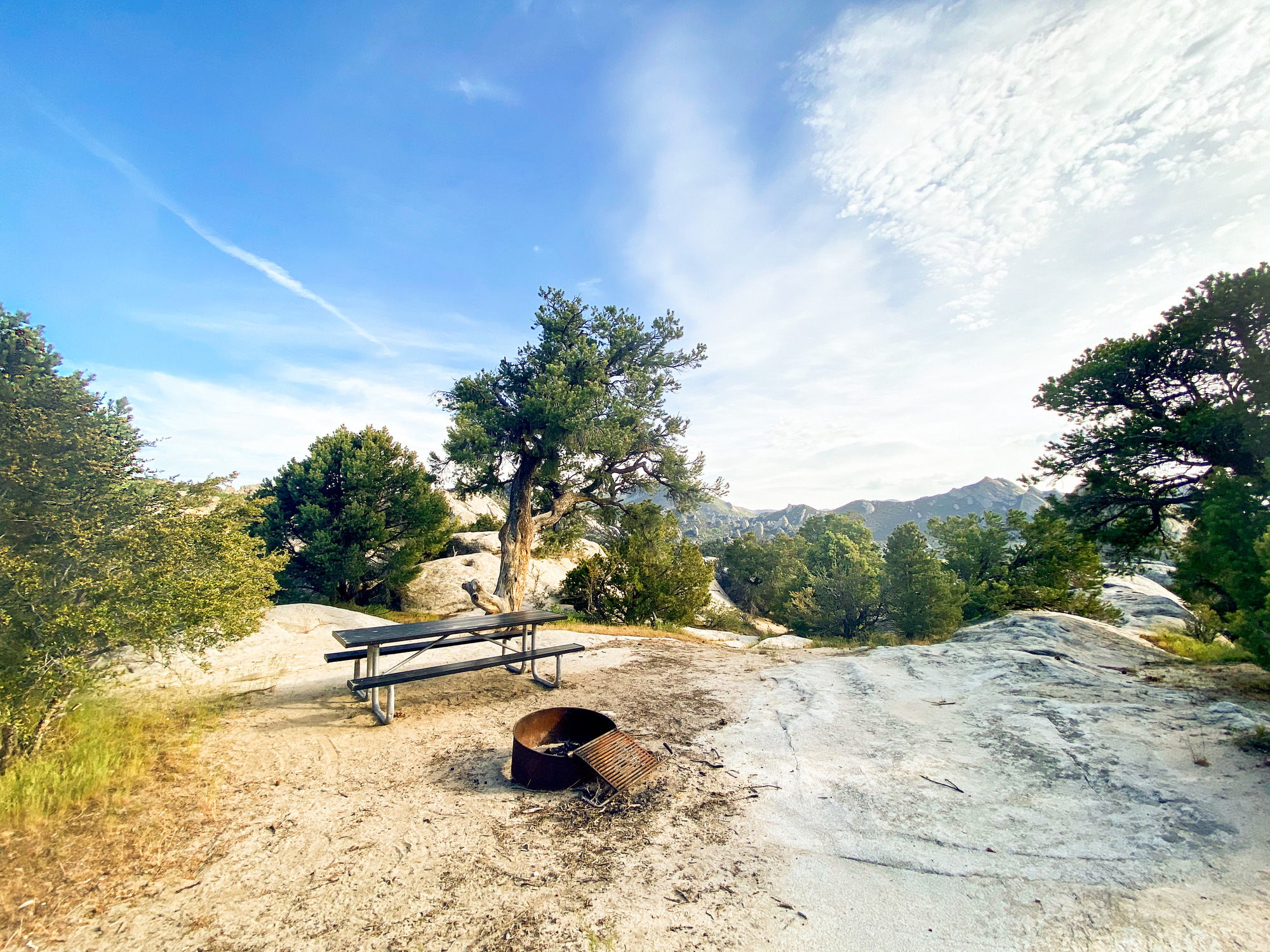 Campsite 35 picnic table and fire ring. Surrounded by scattered trees with a scenic view in the distance.