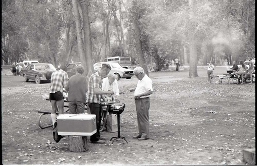 BW photos of visitors using Grotto Picnic Area.
