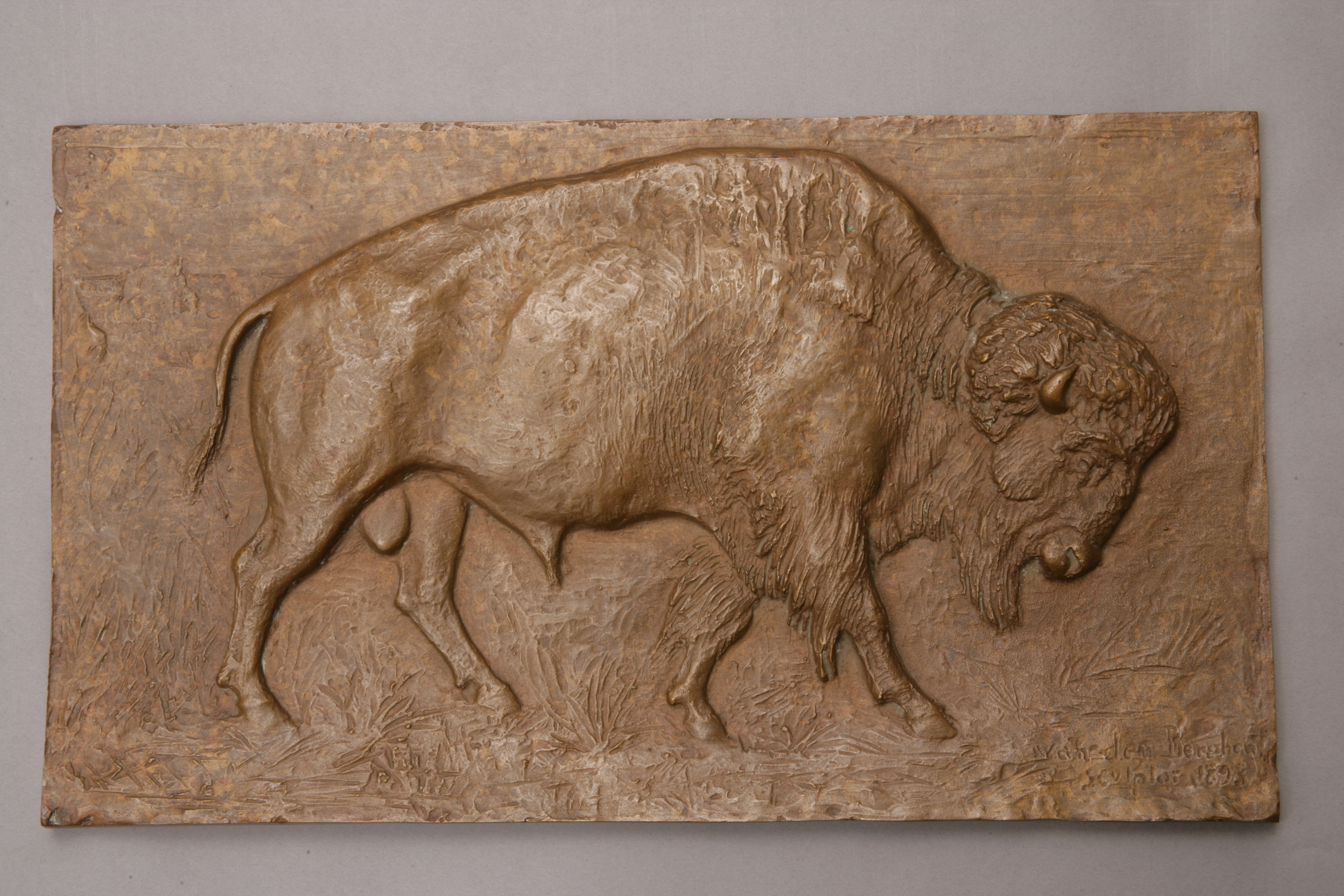 A rectangular plaque with a raised bas-relief carving of a bison standing with its head down. 