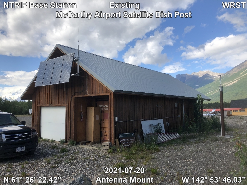 Existing NTRIP base station antenna mount at WRST McCarthy Airport on Dish satellite post. 