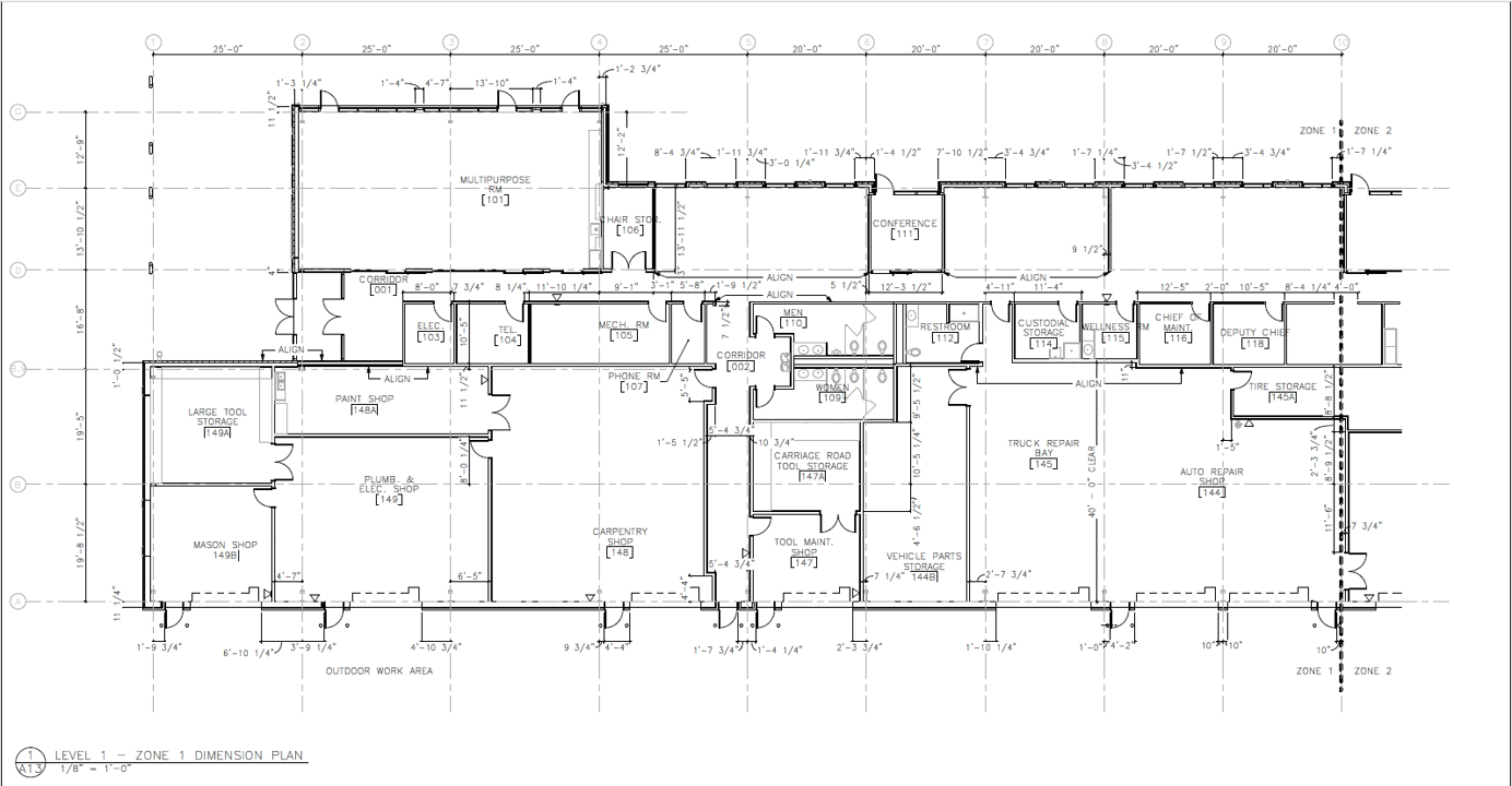 Floor plan of the north half of the new maintenance facility at Acadia National Park. This area will contain workshops for masons, plumbing, electrical, paint, carpentry, and auto repair staff, storage rooms, a multipurpose room, and office space.