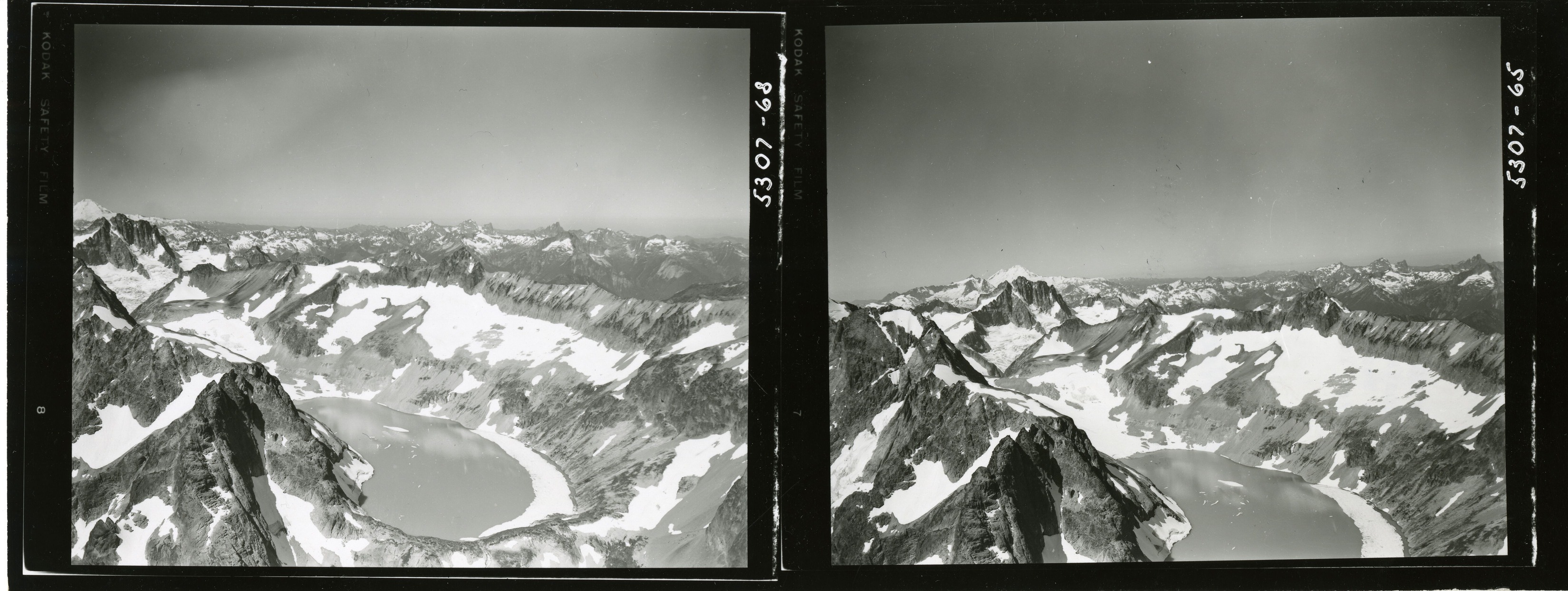 Dual photo set of aerial views of a mountain lake amid glaciated peaks.