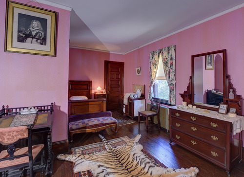 A pink bedroom with floral curtains, medium brown wood furniture, and a tiger skin rug. The bedroom suite contains a dresser, a washstand, a bed, a bench, and a desk. A portrait of a princess hangs over the desk. 