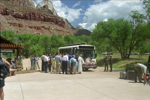 Color Photos of the official launch of the Zion shuttle system- same day as the new visitor center opening.