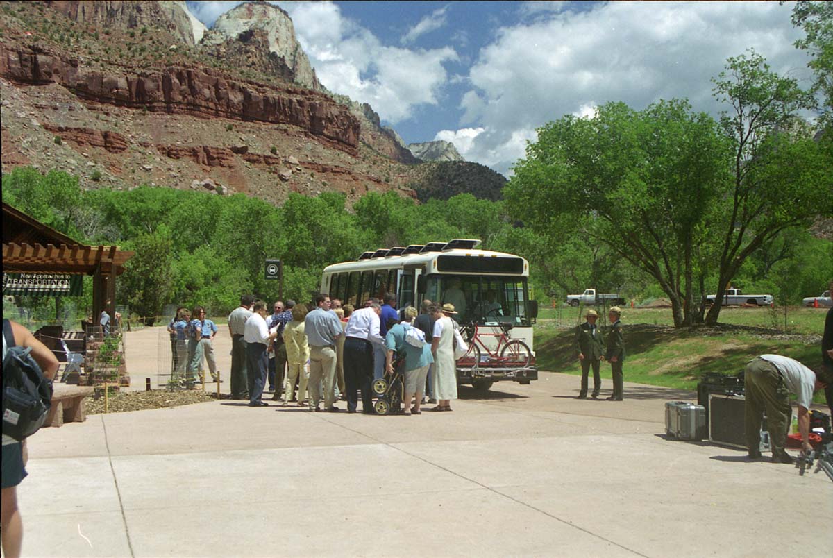 Color Photos of the official launch of the Zion shuttle system- same day as the new visitor center opening.