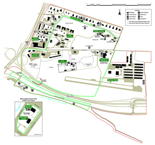 Map of the Fort Vancouver National Historic Site showing the distribution of historic structures in the Fort Vancouver and McLoughlin House units. 