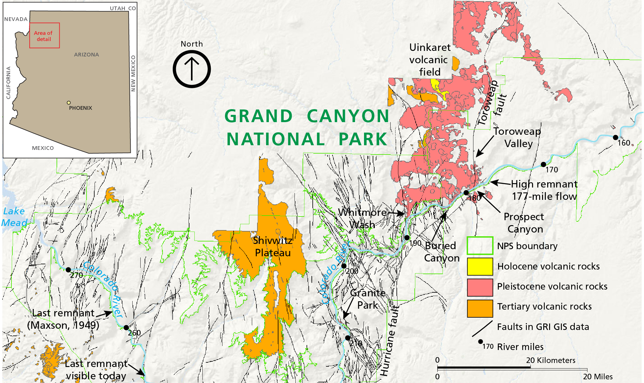 Simplified geologic map showing the distribution of Tertiary and Quaternary basaltic volcanism. The volcanic deposits are primarily located north of the Colorado River and are delineated into 3 categories: Holocene volcanic rocks; Pleistocene volcanic rocks, and Tertiary volcanic rocks. Faults are also mapped. 