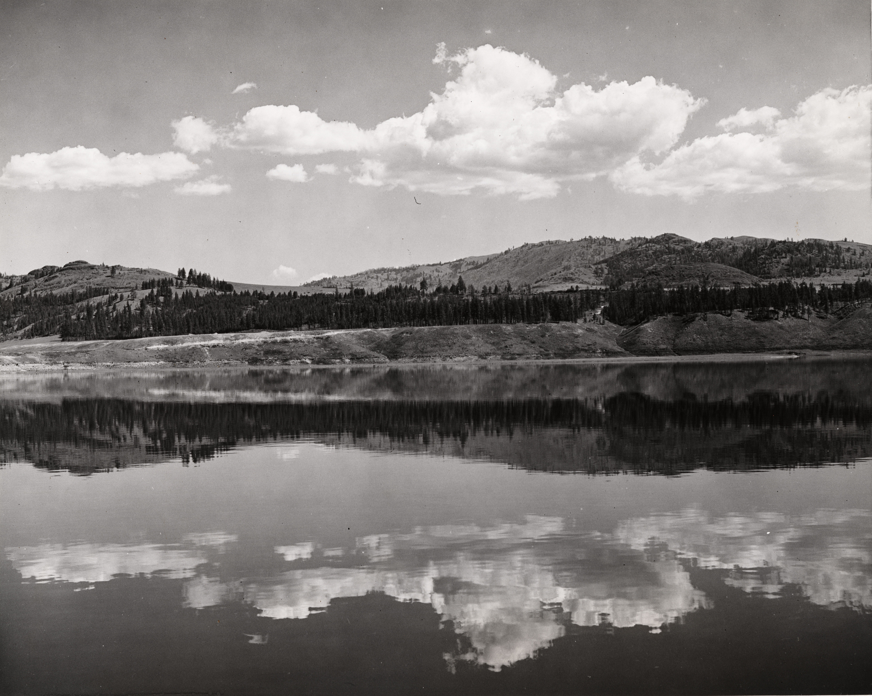 Black and white photograph of a body of water with a partially forested shoreline. The shore, trees, and clouds are reflected in the water. 