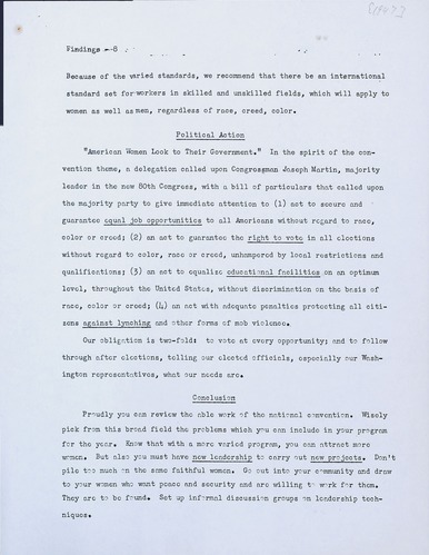 National Council of Negro Women Meeting Minutes, 1947
