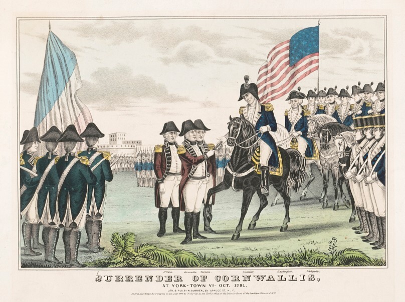 Colored painting of various men in uniform, one on horseback. American flag is in the right corner, and a blue and white flag is in the left.