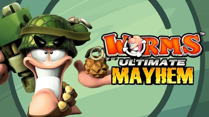 image from the computer game worms. animated work wearing a helmet and holding a gun and grenade. words "worms ultimate mayhem"