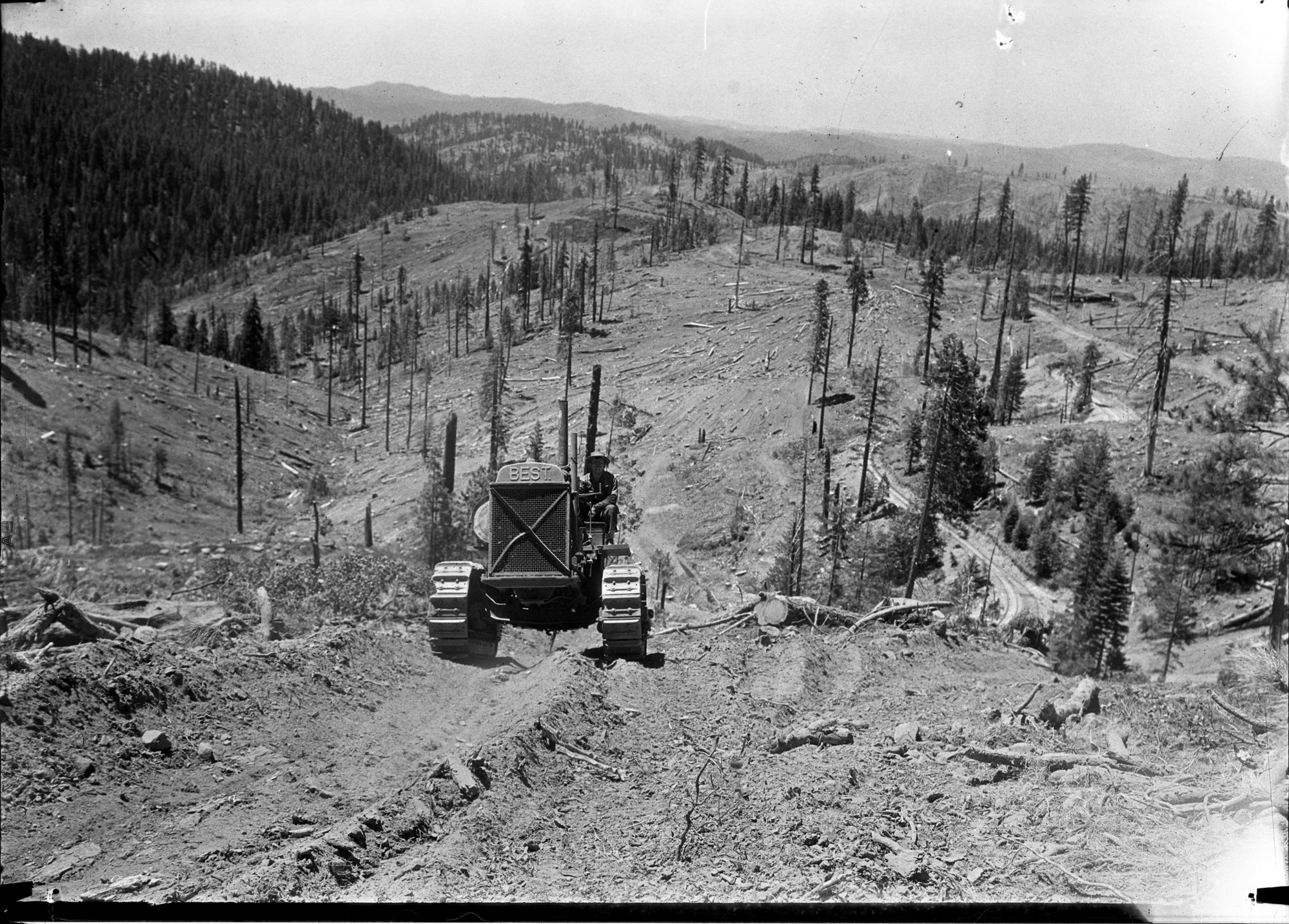 Copy Neg: Leroy Radanovich, September 2000. Yosemite Lumber Co. - Best 60 cat coming up 50% grade cut-over lands, owned by Y.L.Co. Museum Collections Cat. No: YOSE 81816