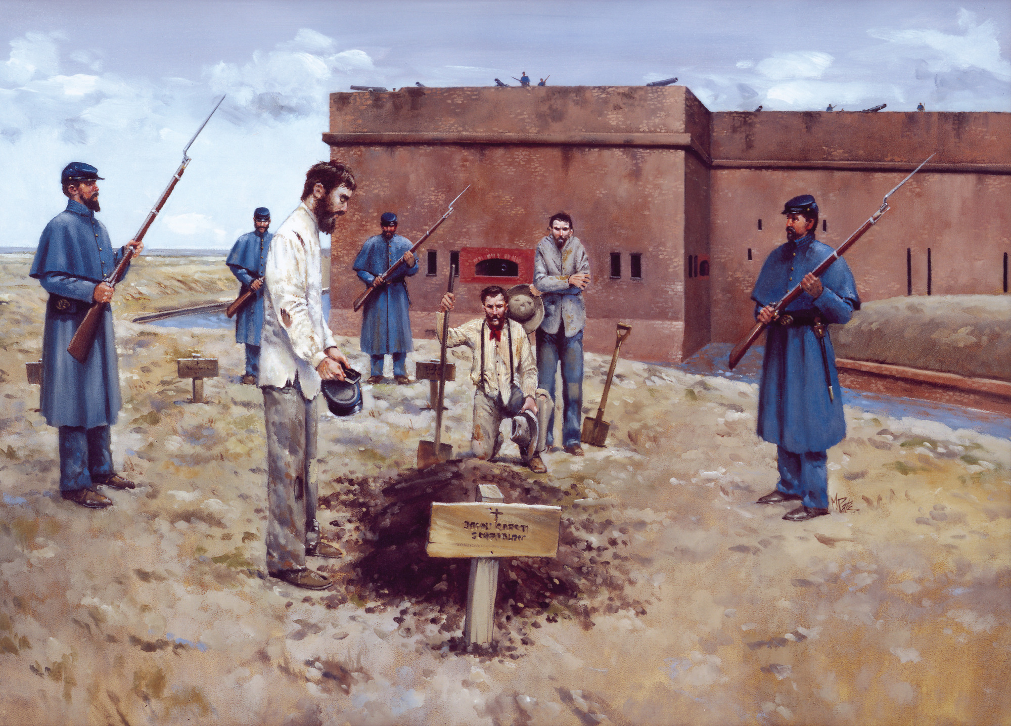 A painting of a Civil War burial service outside of Fort Pulaski. Four Union soldiers wearing great coats and holding muskets with bayonets fixed stand guard as three Confederates in ragged uniforms stand and kneel beside a freshly dug grave. Two other grave markers can be seen between the soldiers. The northwest bastion of Fort Pulaski is in the background with canons and armed soldiers can be seen over the top.