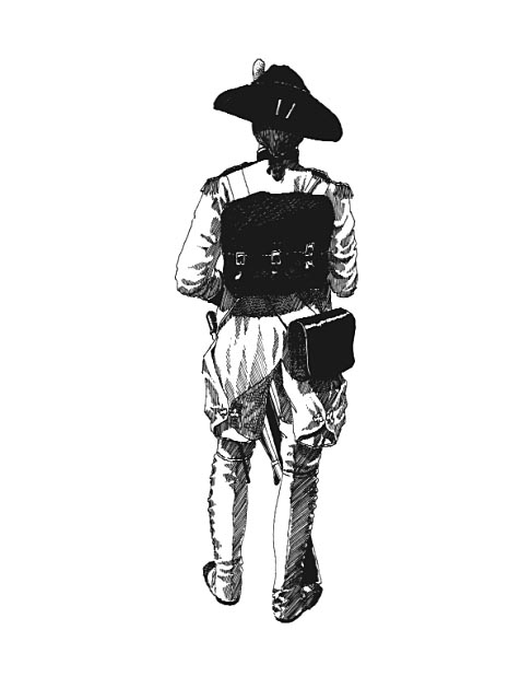 Rear view of a French soldier (ally) of the American Revolution emphasizing his leather knapsack and other accoutrements.