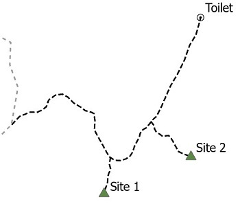 Simple site map of Snow Lake Trailside Camp showing campsites, trails and other features.