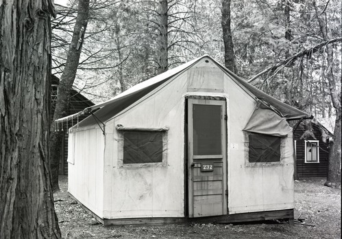 Tent at Yosemite Lodge, front. Used in a concessions report dated June 6, 1947. In Yos. RL 979.447 Y-16c #31.