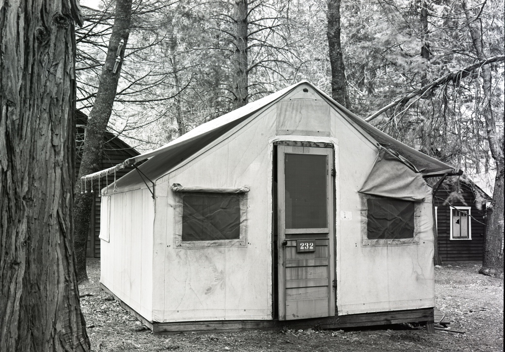 Tent at Yosemite Lodge, front. Used in a concessions report dated June 6, 1947. In Yos. RL 979.447 Y-16c #31.