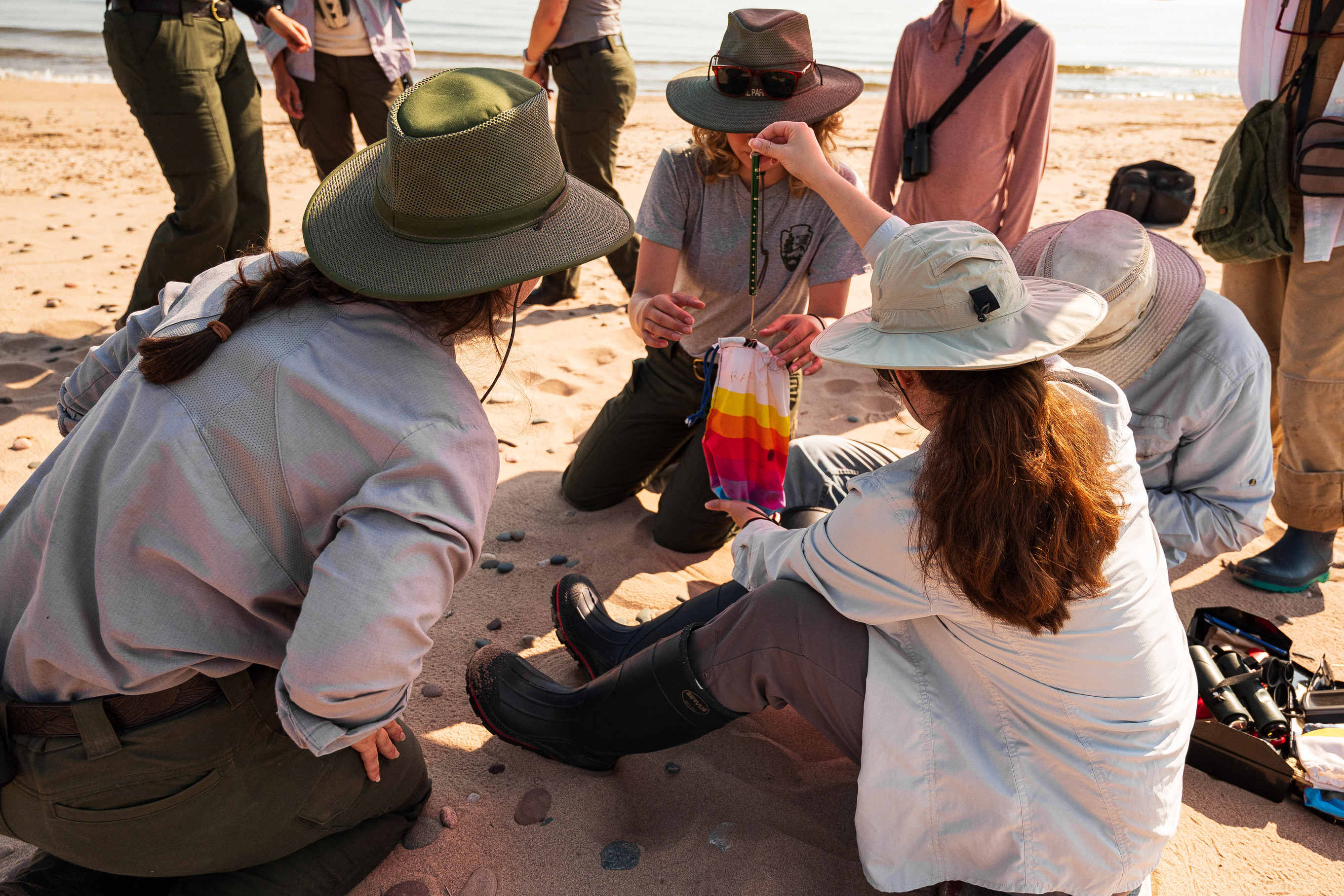 Photograph of group of people seated on a sandy beach. One person holds a colorful bag in the air attached to a hanging scale to record piping plover chick weight.