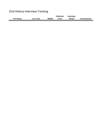 Blank spreadsheet with suggested headings as example for oral history interview tracking. 