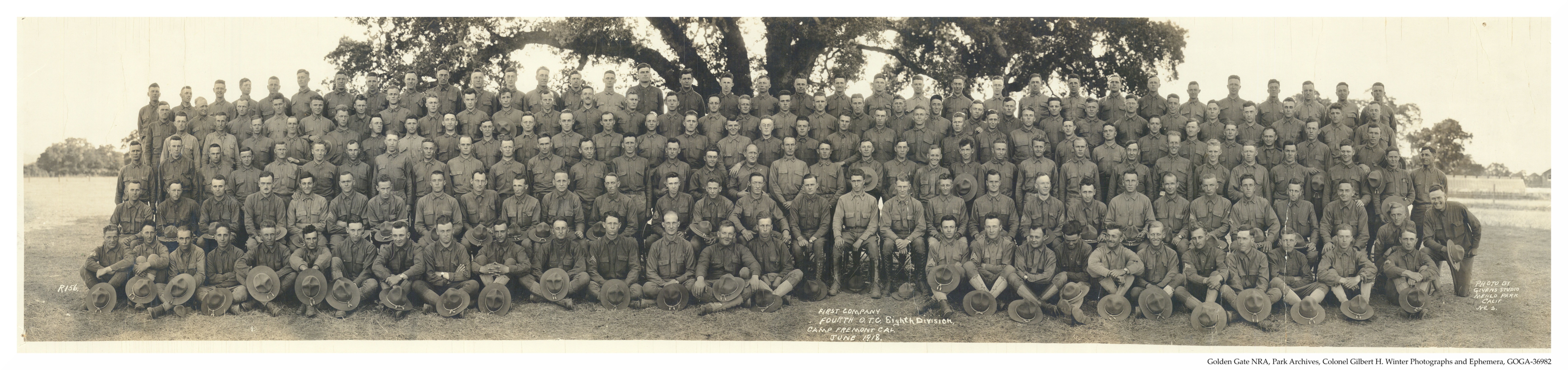 1st company 4th officers training corps 8th division with their hats off in Camp Freemont California in 1918 