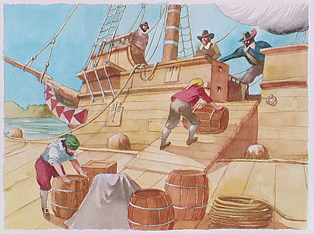 Men rolling barrels up gangplank into a ship.
