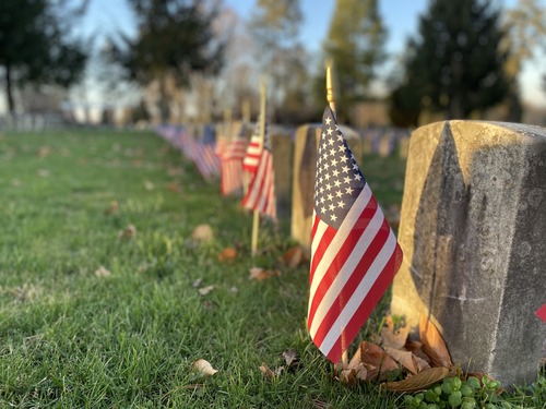A row of cemetery headstones decorated with small U.S. flags