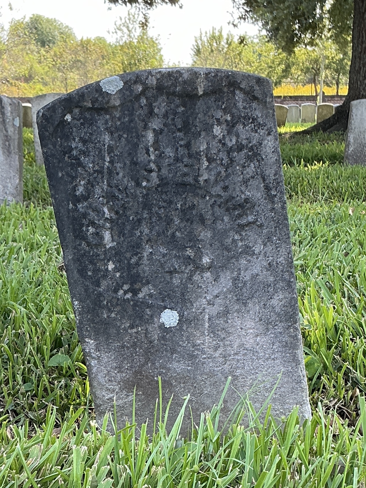 Back of historic upright marble headstone with recessed shield face.