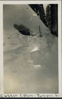 Juniper Lake Cabin Buried in Snow. Arthur G. Holmes Collection Album 5: Views from Holmes snow patrol including pictures of Manzanita Lake Entrance Station, Loomis Museum,  Exterior and interior of Summit Lake Ranger Station, snow-buried cabin at Juniper Lake, Neil Moore, and L.W. Collins