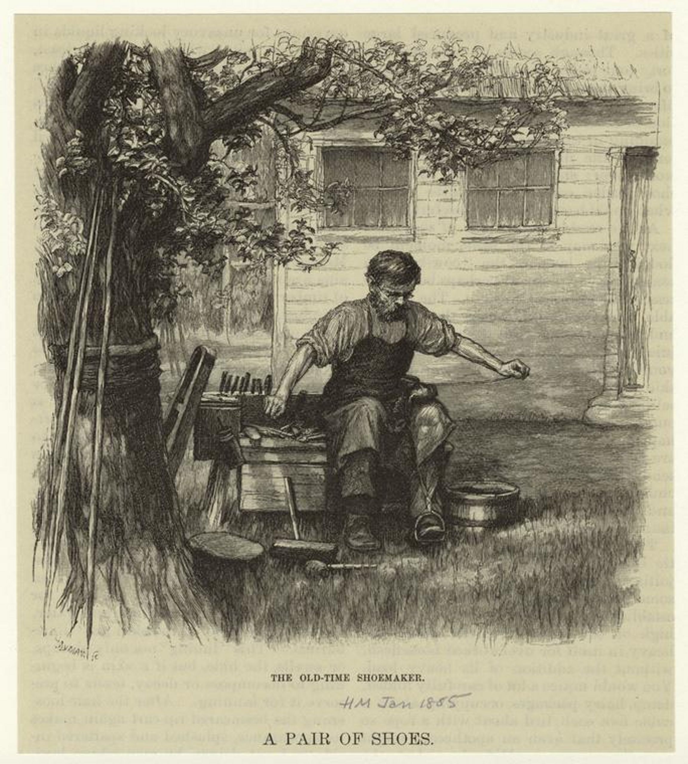 Drawing of a shoemaker at work in front of a house next to a tree.