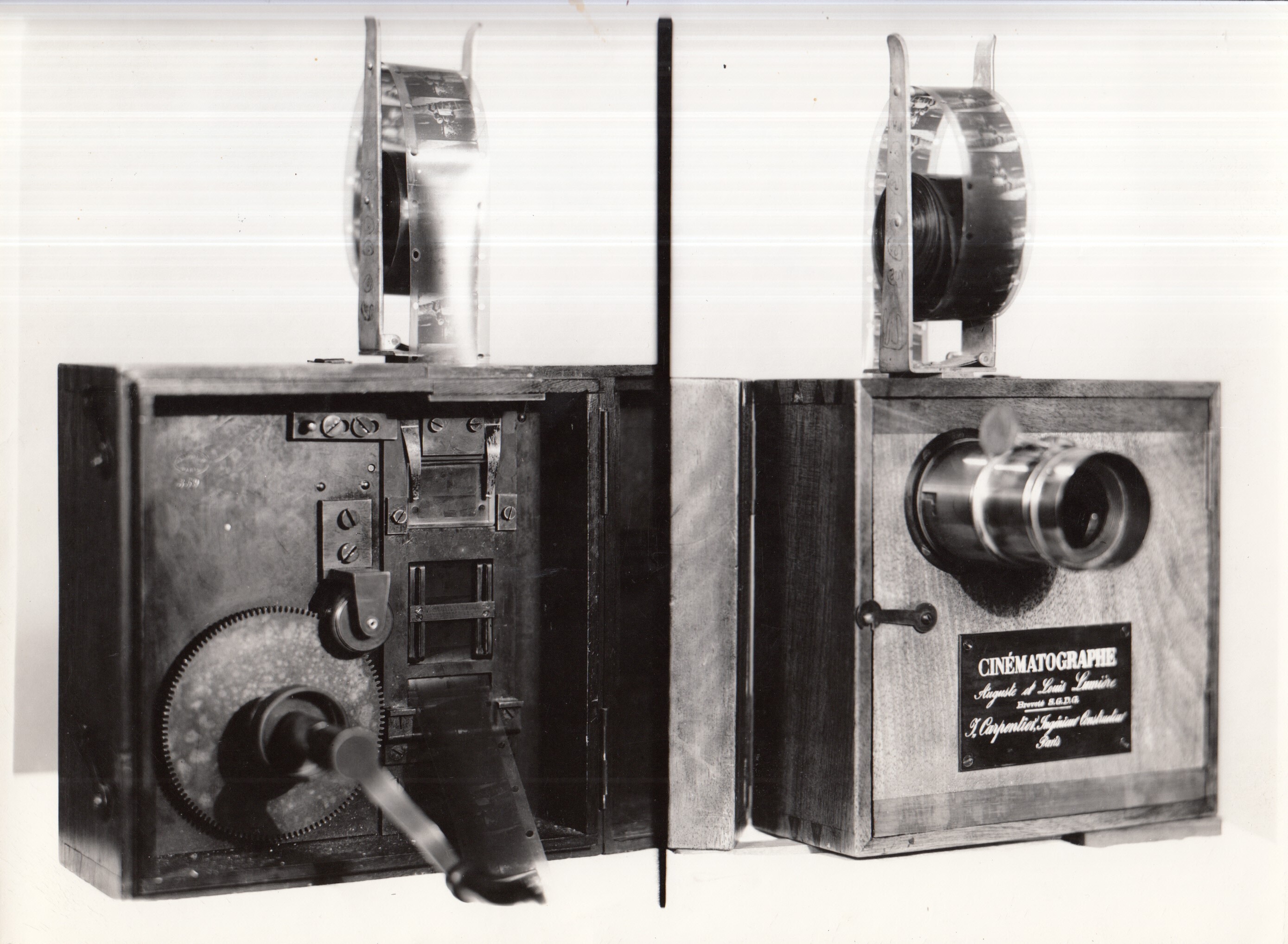 Cinematographe Lumiere motion picture projector, two views, front and rear. By Auguste & Louis Lumiere.