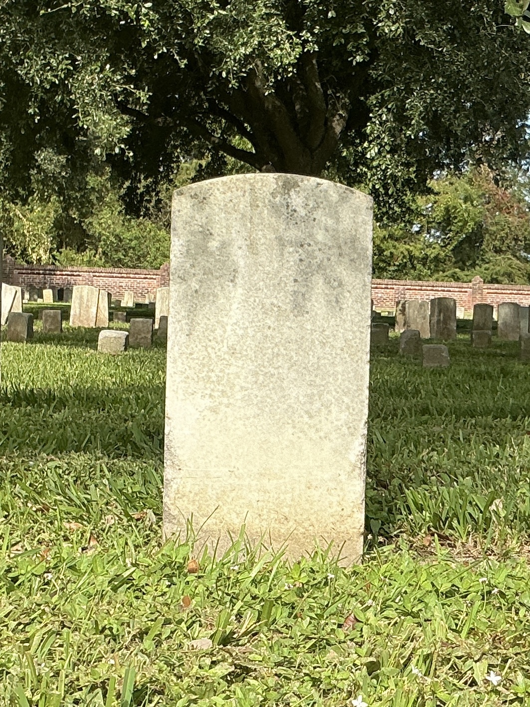 Back of historic upright marble headstone with recessed shield face.