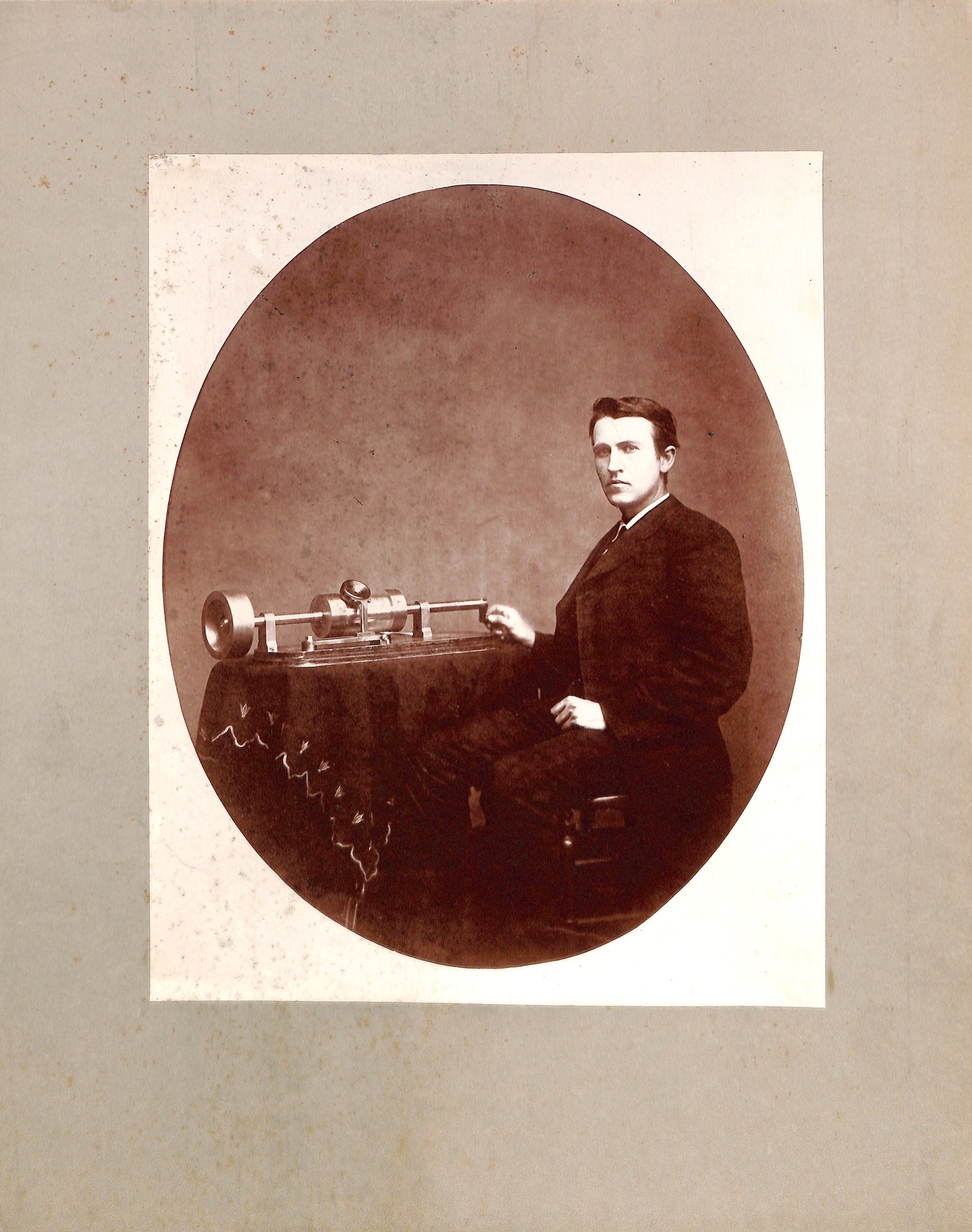 Thomas Edison with Tin-Foil Phonograph at the studio of Mathew Brady. In Washington DC Edison demonstrated his Tin-Foil Phonograph to the National Academy of Science meeting and to President Rutherford B. Hayes.