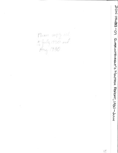 ZION 5087 Superintendents Monthly Report 1930 07