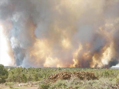 Full fire with black smoke in wooded areas during Long Mesa Fire at Mesa Verde National Park, July 29-Aug. 4, 2002