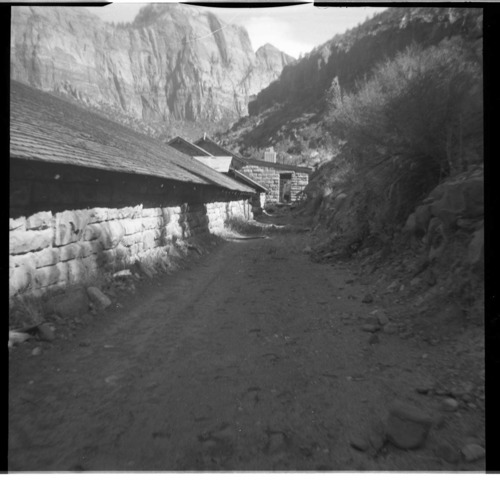 BW photo of rock slide in the maintenance yard.