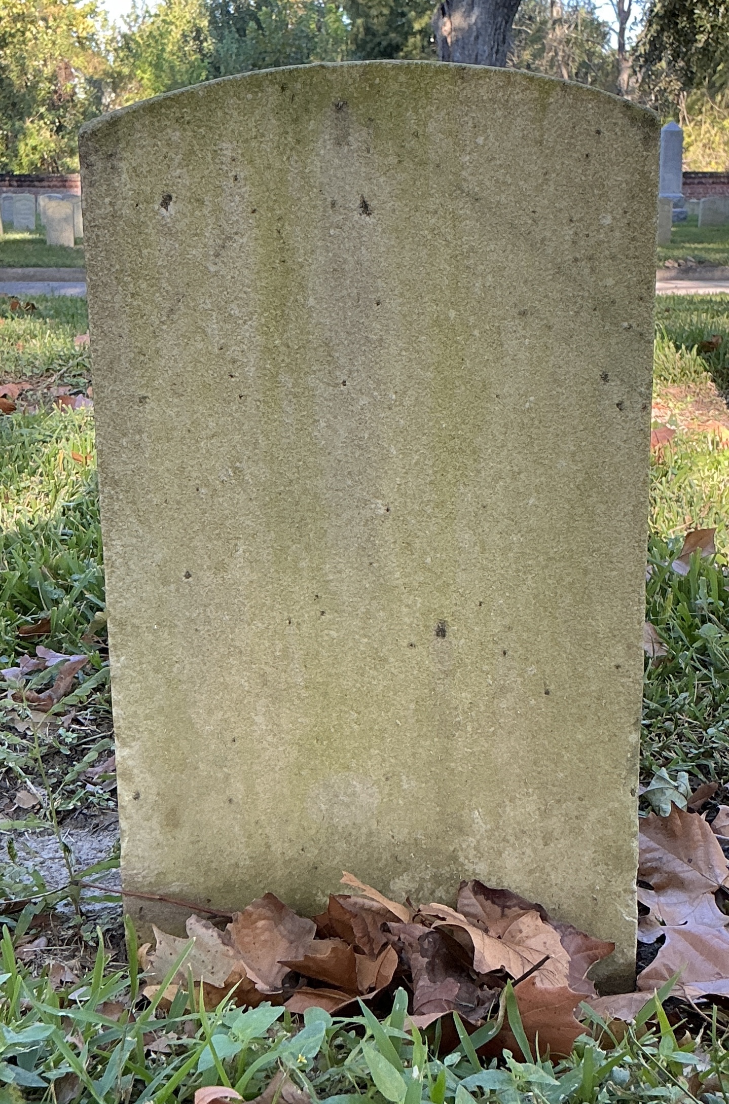 Back of historic upright marble headstone with recessed shield face.
