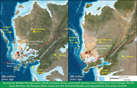  Middle Pennsylvanian (308 million years ago) and Early Permian (280 million years ago) paleogeographic maps of North America. The maps show the relative locations of Africa, South America, North America, and an Oceanic Plate. The area that would become Glen Canyon National Recreation Area is near the Paradox Basin and the Ancestral Rocky Mountains. The figure summary states: “During the middle Pennsylvanian, North America, Africa, and South America were colliding to form Pangea. By the Early Permian, the Paradox Basin closed and the Ancestral Rockies and Appalachian mountains formed.