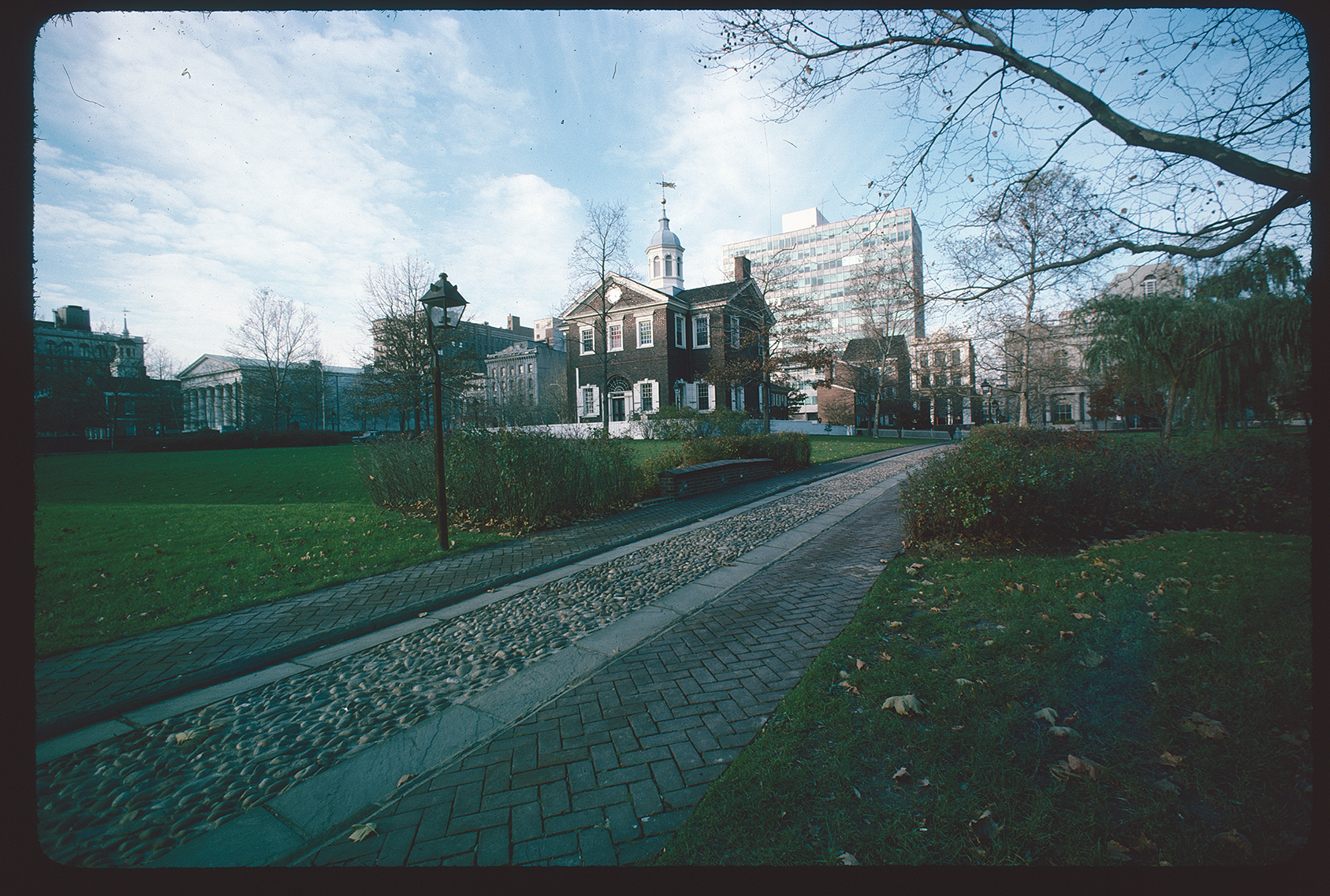 Carpenters Hall. Exterior. South and east sides. Looking northwest near and across Hudson's Alley.
