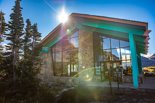 The bold angles and bright colors of the Logan Pass Visitor Center are typical of Mission 66 architecture throughout the National Park Service.