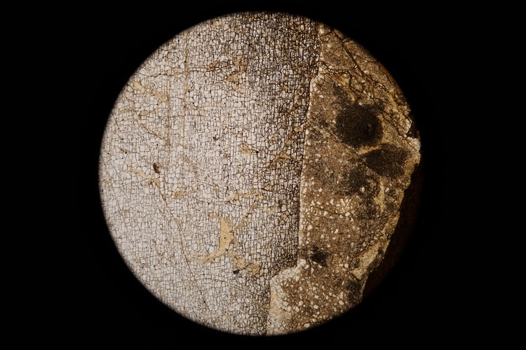 Circular microscopic image of rock structure.