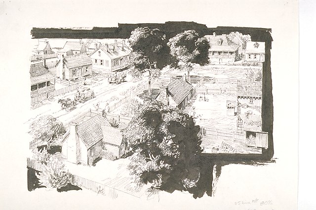 Artist's interpretation of an 1820 Post of Arkansas street scene. Post of Arkansas was the capital of Arkansas Territory from 1819 until 1821.