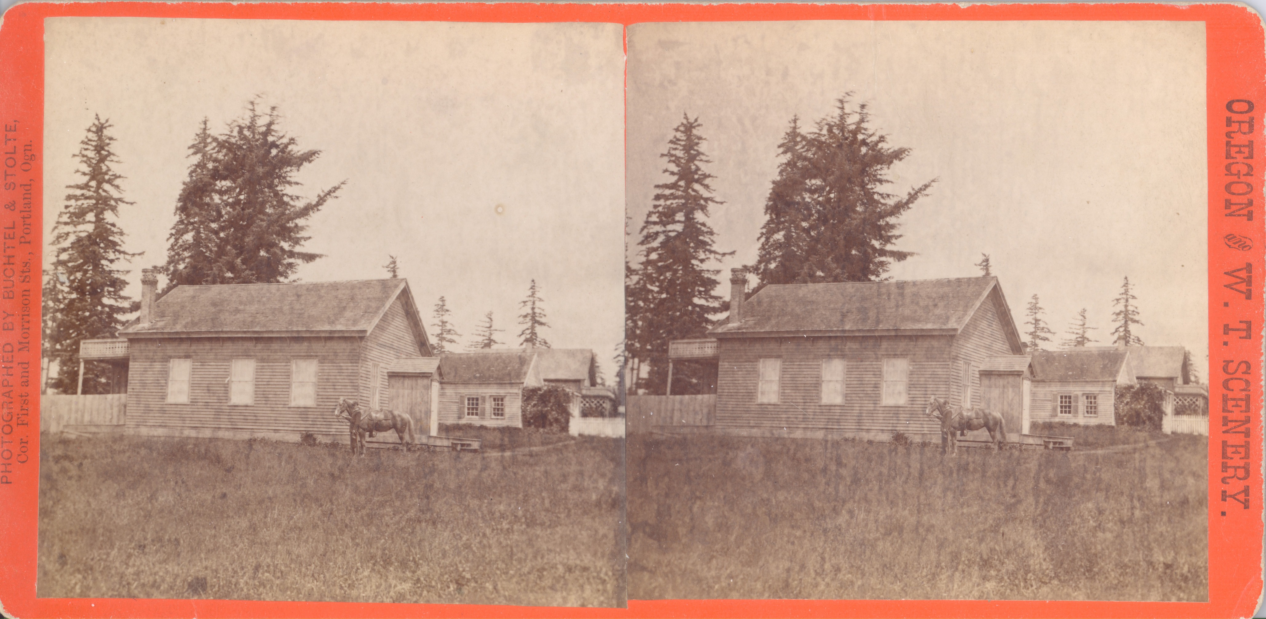 A black and white double stereoscope image with an orange border. Text on the one side of the border reads "Oregon and W.T. Scenery." Text on the other side of the border reads "Photographed by Buchtel & Stolte, Cor. First and Morrison Sts., Portland, Ogn."
